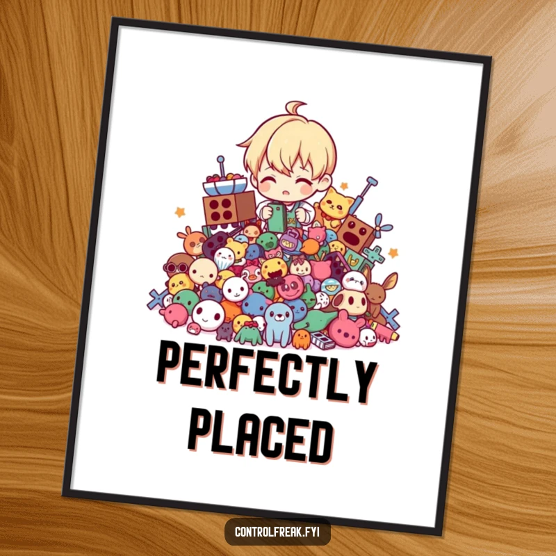 Funny digital art print of a character tidying a chaotic pile of toys into perfect order, symbolizing neatness and humor.