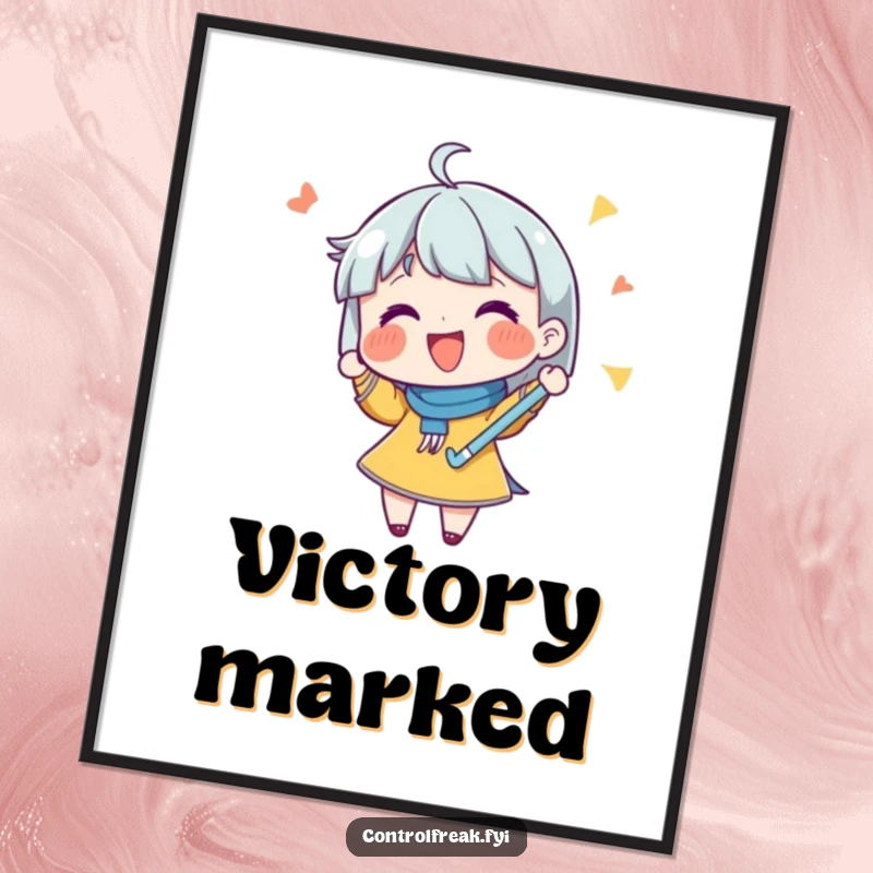 Funny digital art print of a character joyfully checking off a list with a flourish, symbolizing achieved goals and humor.