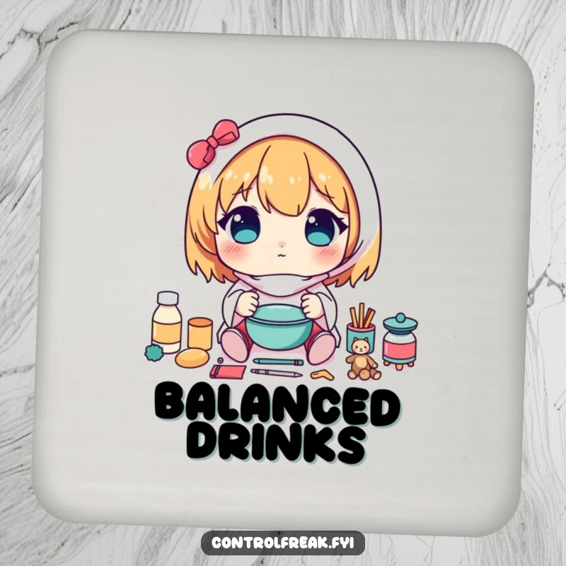 Funny drink coaster with a kawaii character carefully arranging items in a perfectly symmetrical pattern, perfect for protecting surfaces neatly.