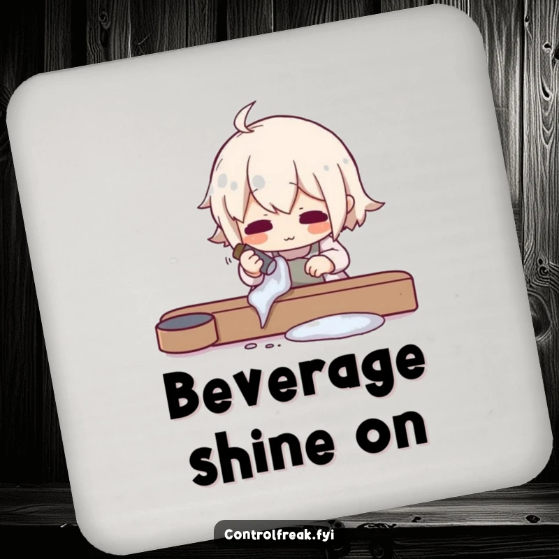 Funny drink coaster depicting a character meticulously polishing an object to an impossible shine, offering humorous decor protection, a unique gift.