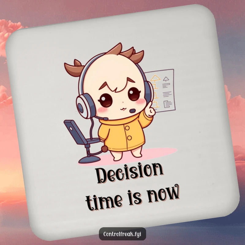 Funny drink coaster featuring a character in a large headset, deterministically pointing at a flowchart, symbolizing strategic thinking.