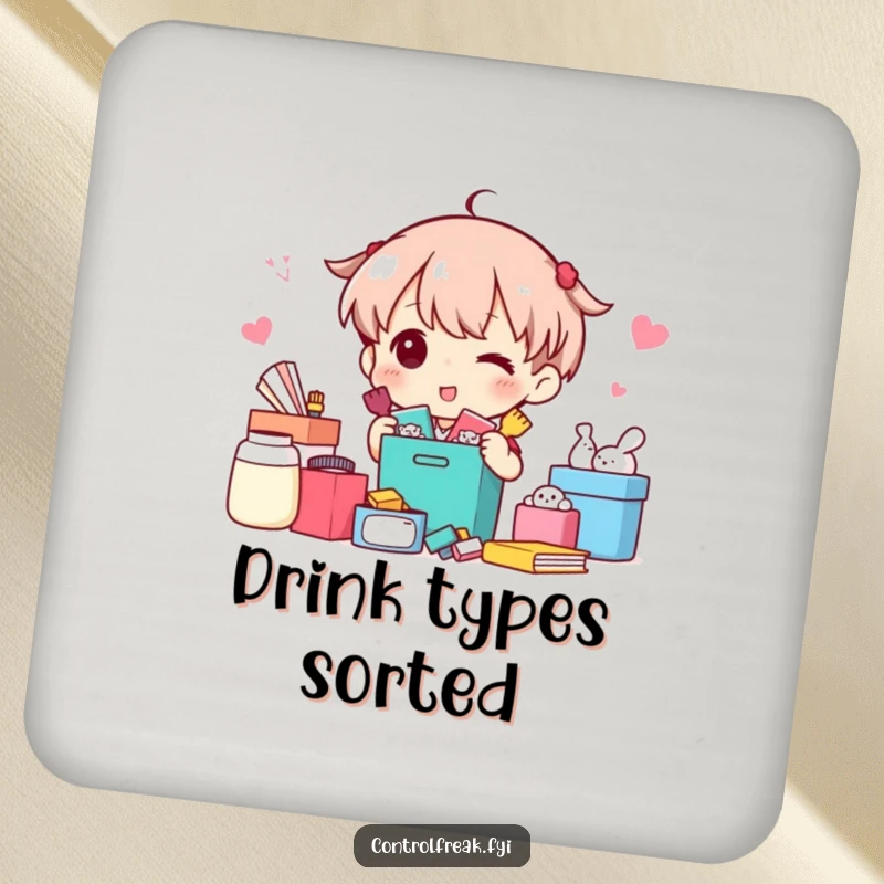 Funny Drink Coasters: Character happily sorting items into neat categories, a humorous set for protecting surfaces.
