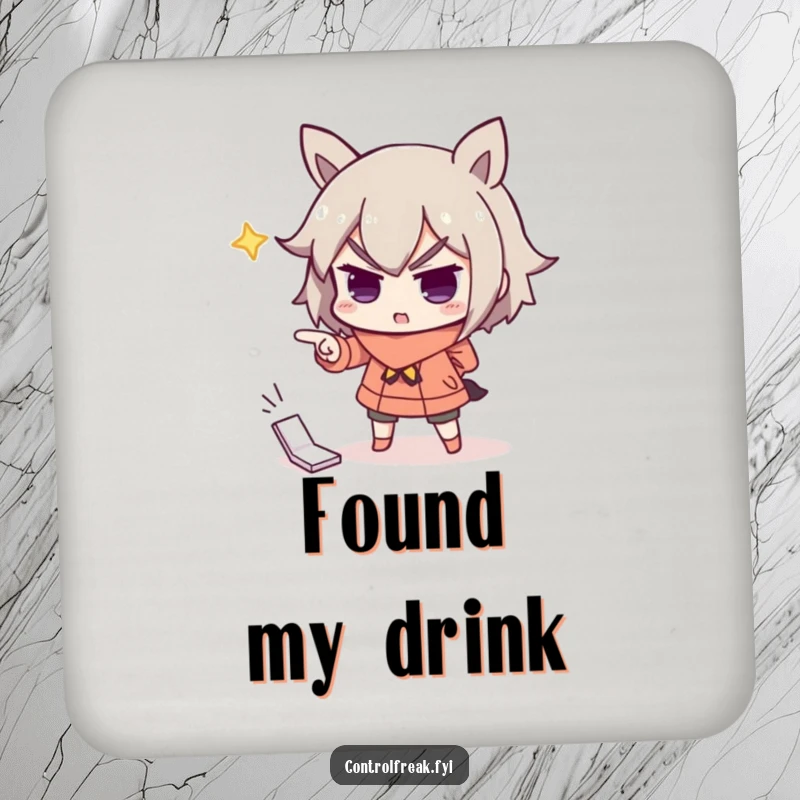 Funny drink coaster featuring a character dramatically pointing with importance at a misplaced item, adding humorous charm to your drinks.