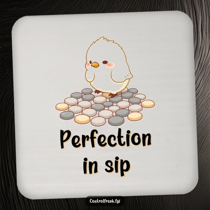 Funny Coaster: A small, fluffy bird meticulously arranges pebbles into perfect geometric patterns, protecting surfaces.