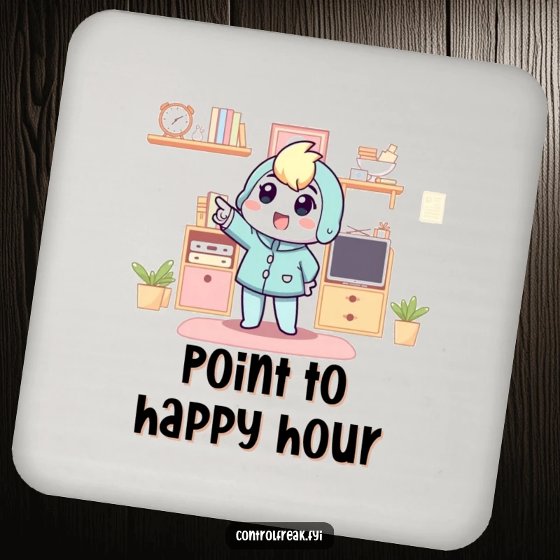Funny coasters showcasing a character pointing excitedly at an organized space, protecting furniture with a humorous touch of joy.