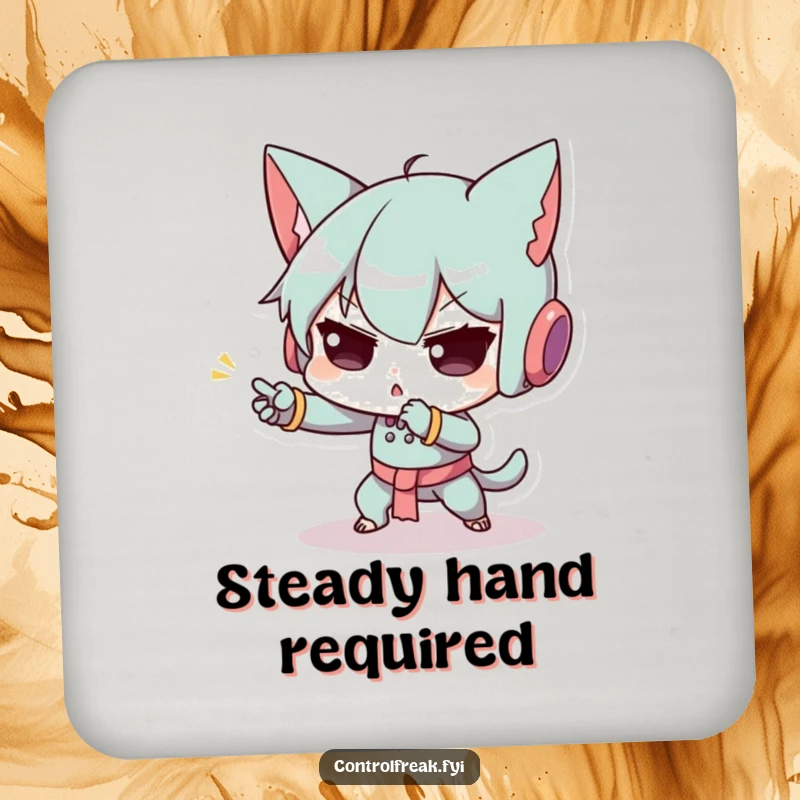 Funny drink coaster depicting a character with exaggerated concentration on a tiny, precise placement, offering humorous surface protection, a unique gift.