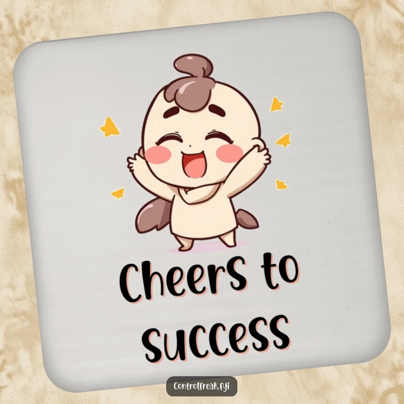 Funny drink coaster depicting a character making fast, ordered gestures with extreme satisfaction, offering humorous decor for celebrating success, a unique gift.