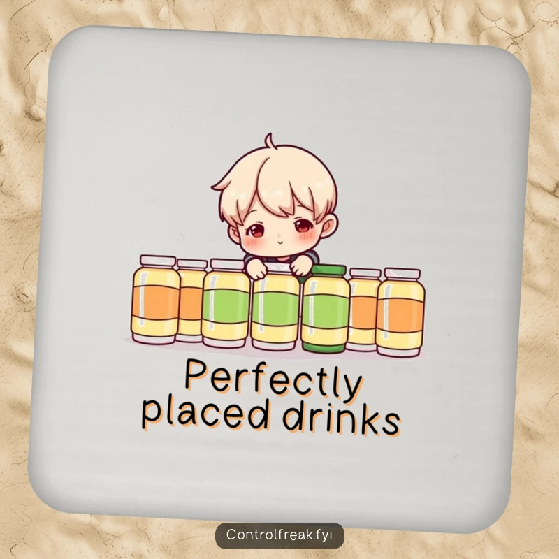 Funny Drink Coasters: Character humorously adjusting a perfectly aligned row of items, protecting surfaces with style and wit.
