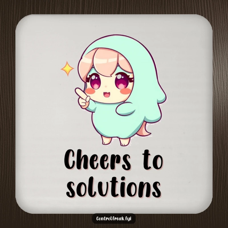 Funny drink coaster featuring a character with a bright gleam, pointing to a perfect solution, protecting surfaces with wit and intelligence. A charming accessory.