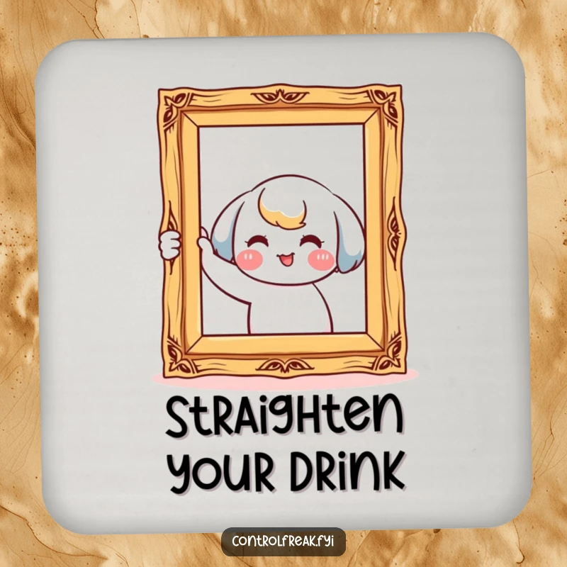 Funny drink coaster with a kawaii character smiling while meticulously straightening a crooked picture frame, perfect for protecting surfaces neatly.