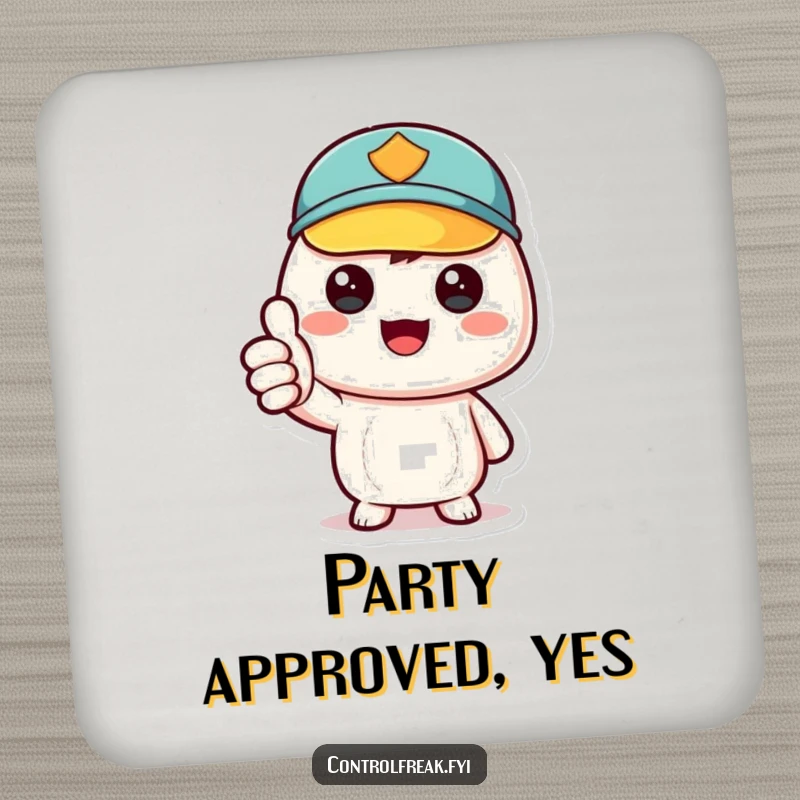 Funny kawaii character giving a thumbs-up for perfect order, set of coasters for drink protection, cute and funny gift.