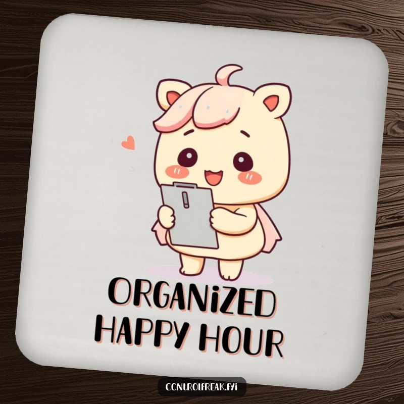Funny Kawaii organizer drink coaster keeping surfaces safe with a smile and a clipboard.