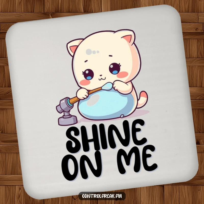 Funny Kawaii polisher drink coaster keeping surfaces safe while meticulously polishing a shiny object.