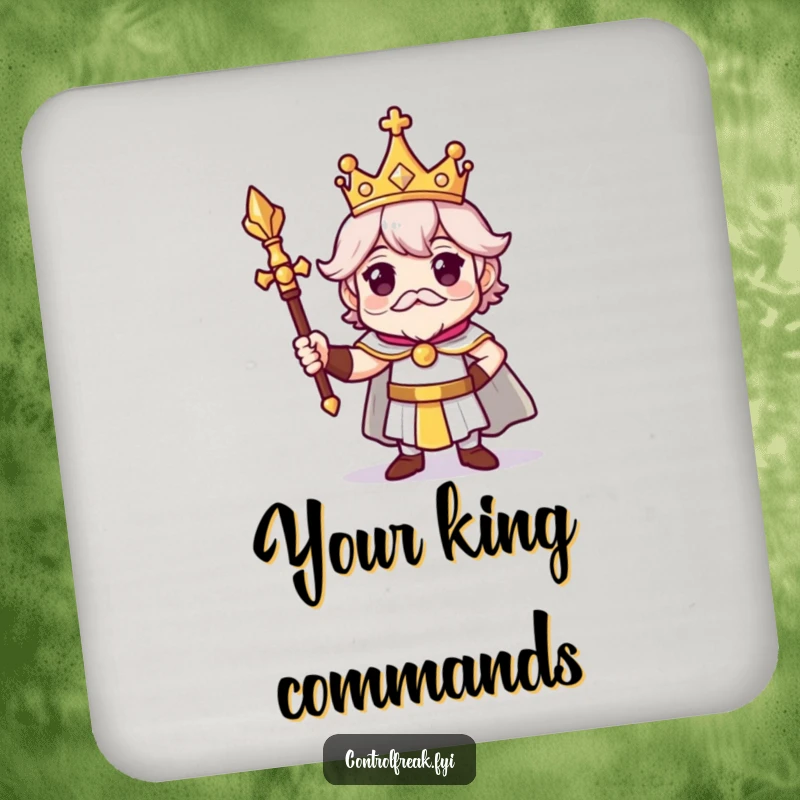 Funny drink coaster with a character wearing a tiny crown and scepter, striking a proud, regal pose, perfect for humorous protection.