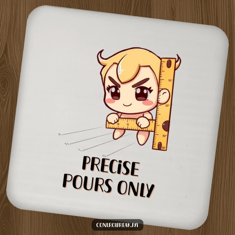 Funny Drink Coaster: Character measuring unseen lines with a ruler, smiling with intense focus. A stylish funny gift.