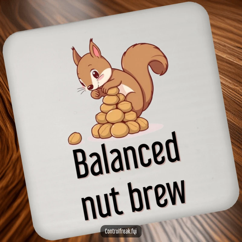 Funny squirrel drink coasters depicting a squirrel stacking nuts in a perfect pyramid, adding humorous protection.