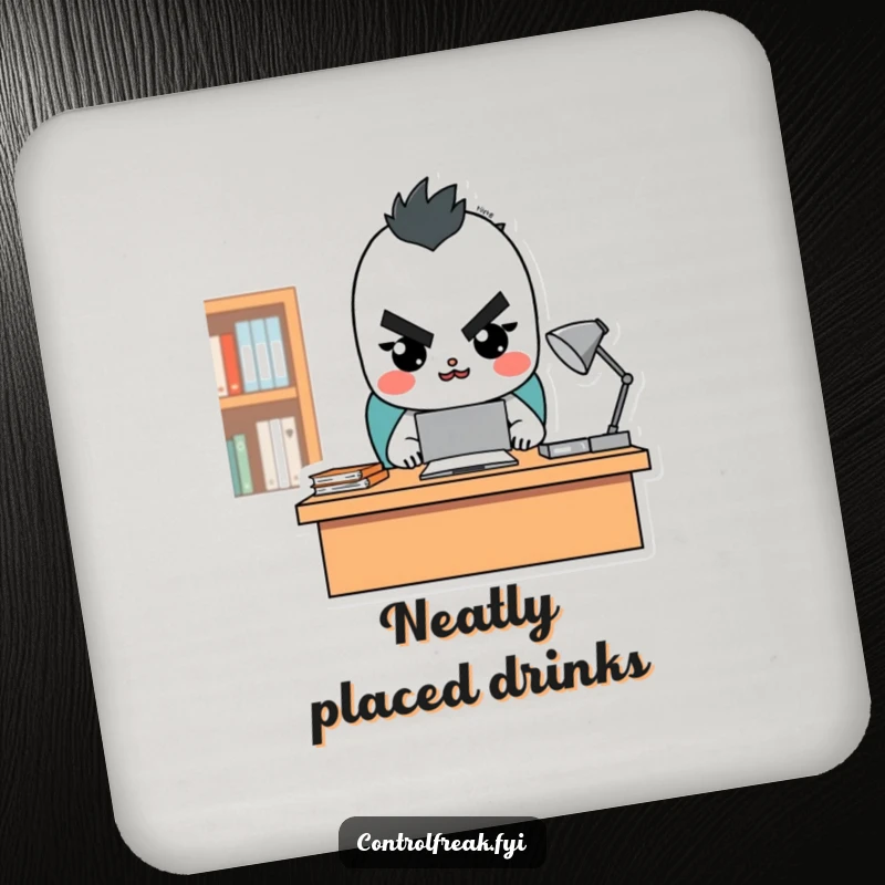 Funny character coaster featuring a stern but happy look while overseeing a tidy desk, a small yet humorous accessory for any table.
