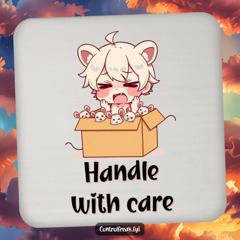 Funny drink coaster featuring a frazzled character, energetically herding cartoon mice into a box, symbolizing playful chaos.