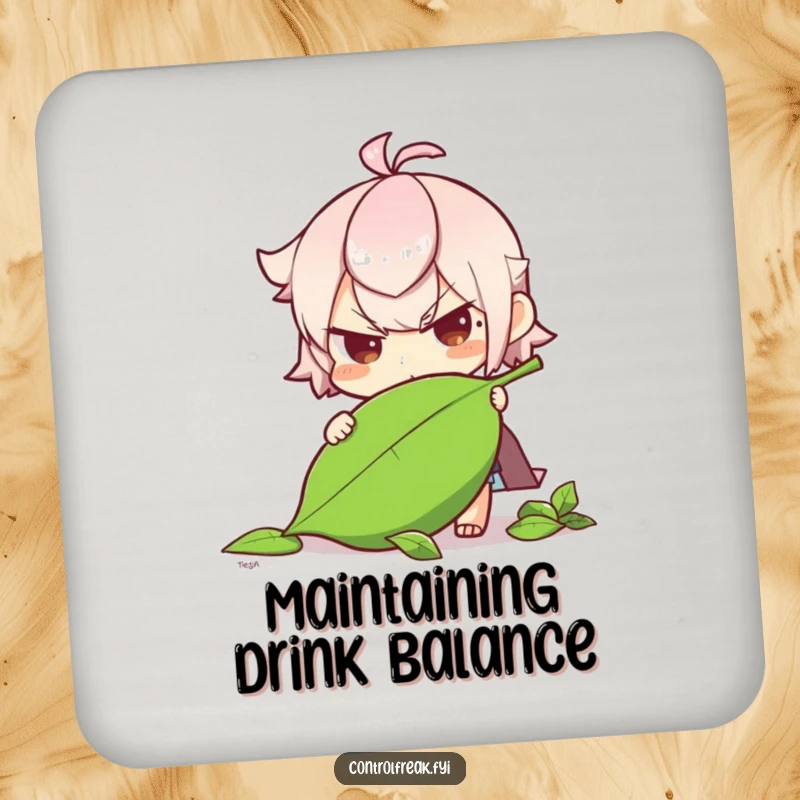 Funny character determinedly straightening a fallen leaf on these coasters, adding gentle humor to tabletops.