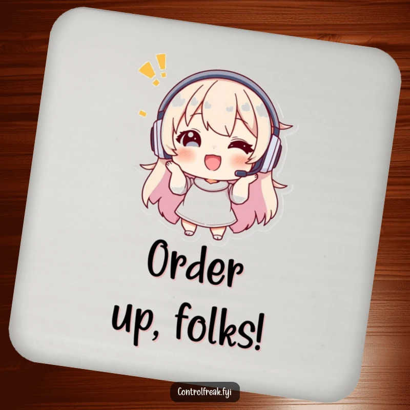 Funny coasters with a character wearing a headset giving enthusiastic, precise instructions, adding humorous guidance.