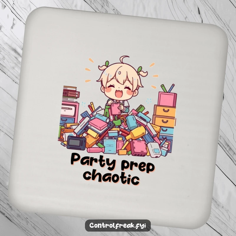 Funny Drink Coasters: Character energetically organizing items, a humorous set to protect surfaces from drink spills.