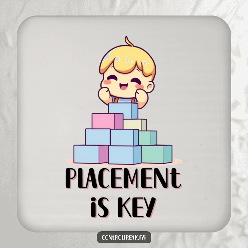 Funny drink coaster featuring an excited character perfectly stacking blocks, symbolizing order and neatness.