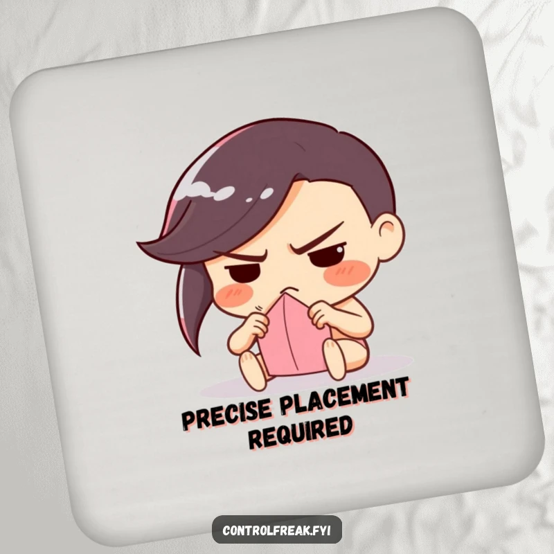 Funny drink coaster featuring a character with a determined frown, meticulously folding paper, symbolizing precision and focus.