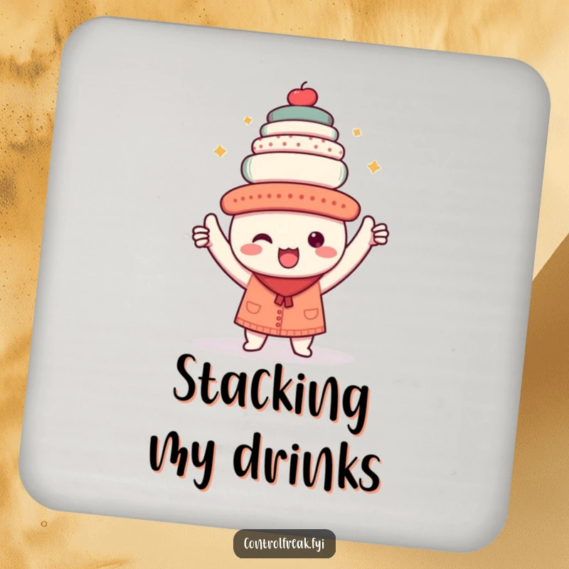 Funny drink coaster with a kawaii character triumphantly holding a perfectly aligned stack of objects, perfect for protecting surfaces neatly.