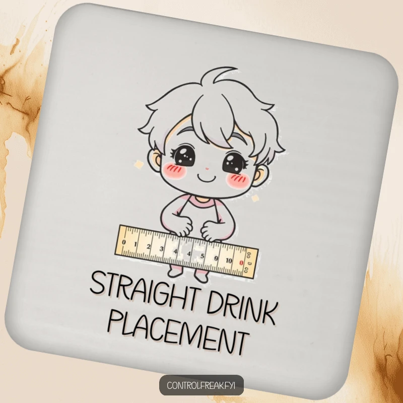 Funny Drink Coasters: Character proudly drawing straight lines with a ruler, a humorous set for protecting surfaces.