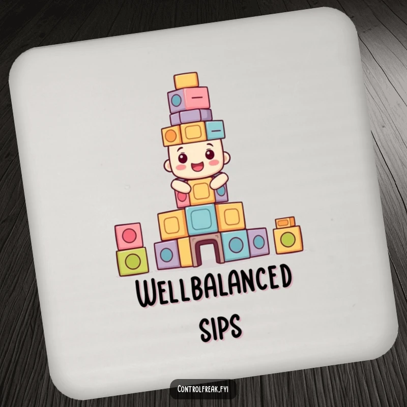 Funny coasters with a happy character building a perfectly symmetrical tower of blocks, adding humorous balance.