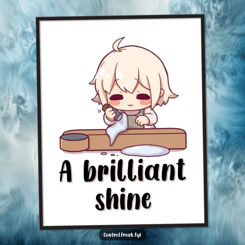 Funny poster showing a character meticulously polishing an object to an impossible shine, embodying extreme detail and humor, a great art piece.