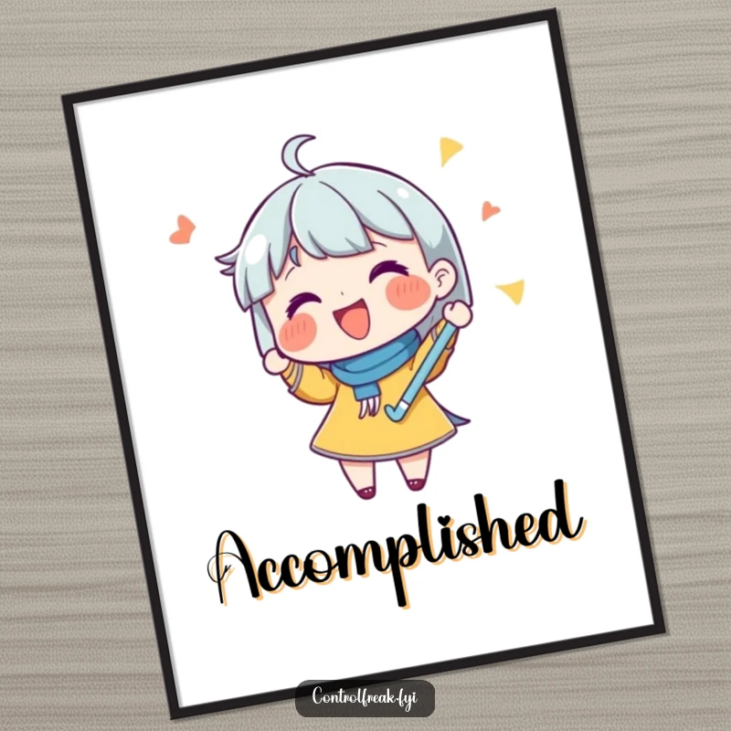 Funny poster art of a character joyfully checking off a list with a flourish, embodying motivation and success.