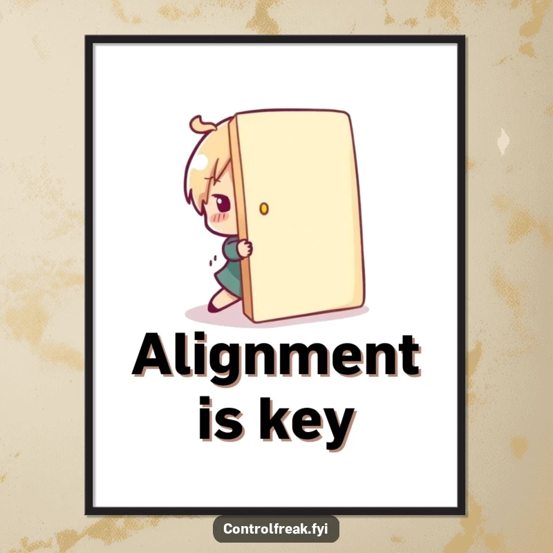 Funny character poster featuring playful correction of a misplaced item back into line, a humorous and tidy piece of wall art.