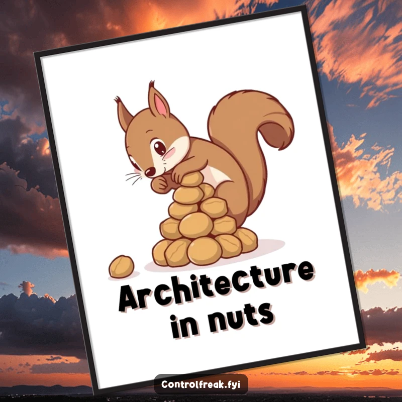 Funny squirrel poster of a squirrel meticulously stacking nuts into a perfect pyramid, capturing its precise and comical effort.