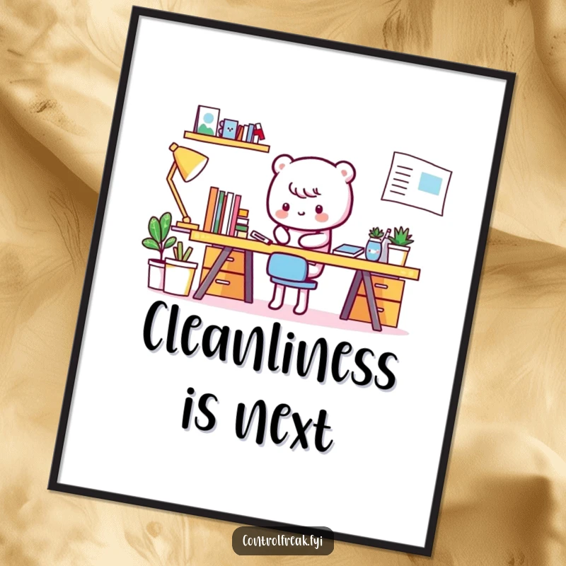 Funny Kawaii character poster, dedicated to tidying an already spotless desk, adding humor to any room.