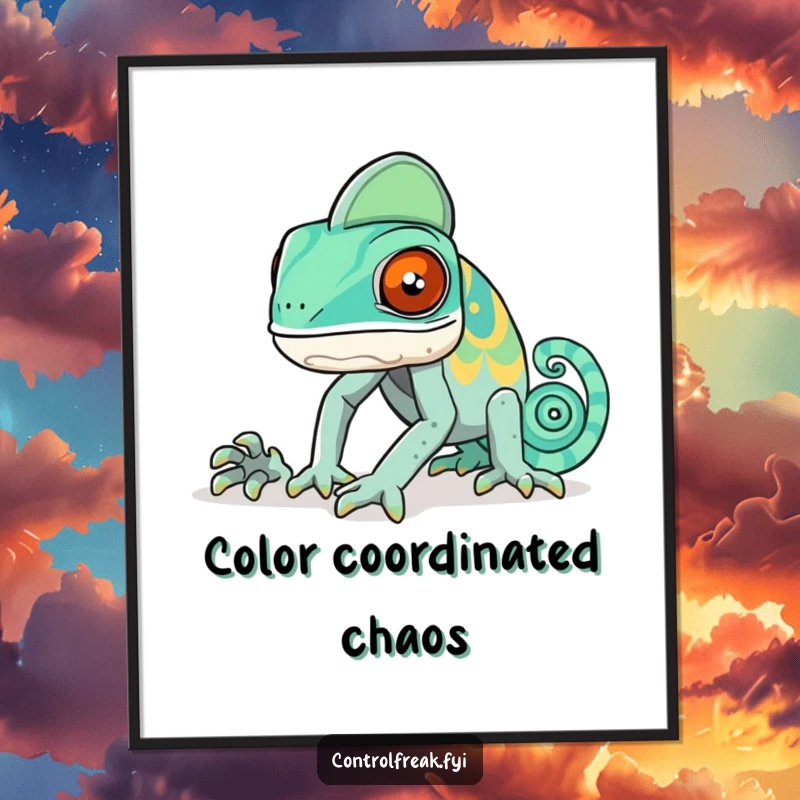 Funny chameleon poster illustrating a chameleon hilariously failing to blend its colors into a strict, geometric pattern.