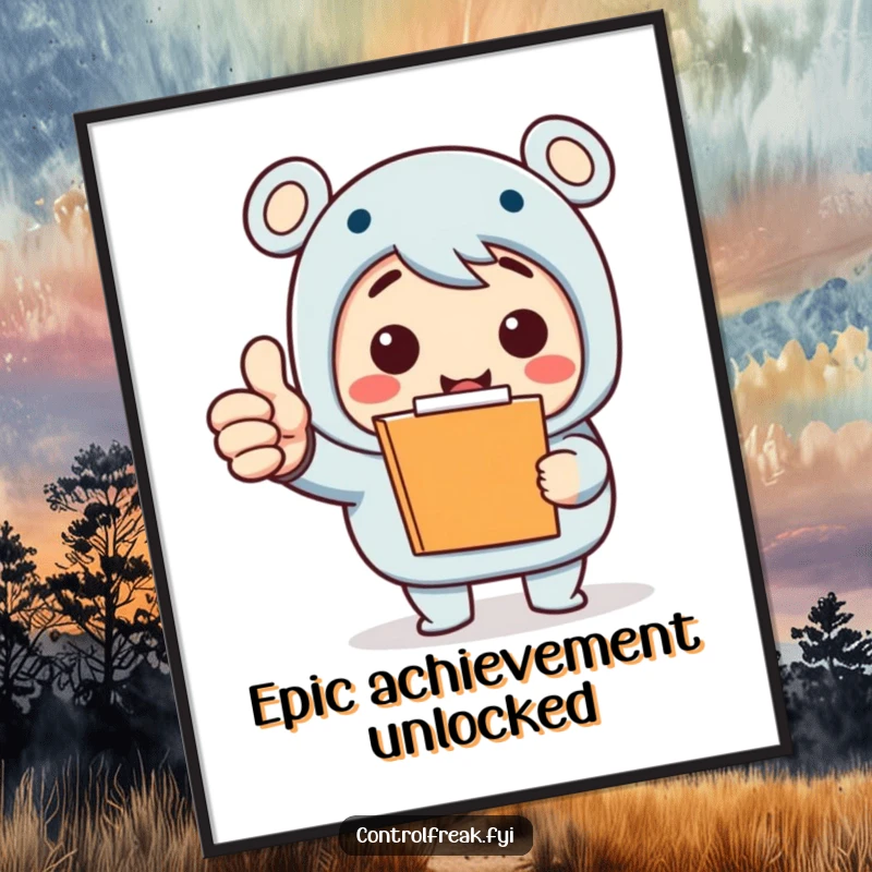 Funny Poster: A character gleefully gives a thumbs-up with a clipboard, showcasing extreme enthusiasm for a small achievement. Funny wall art.