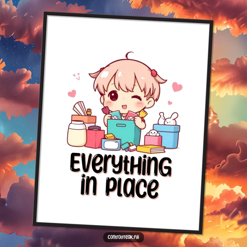 Funny Poster: Character happily sorting items into neat categories, a humorous artwork celebrating order and classification.