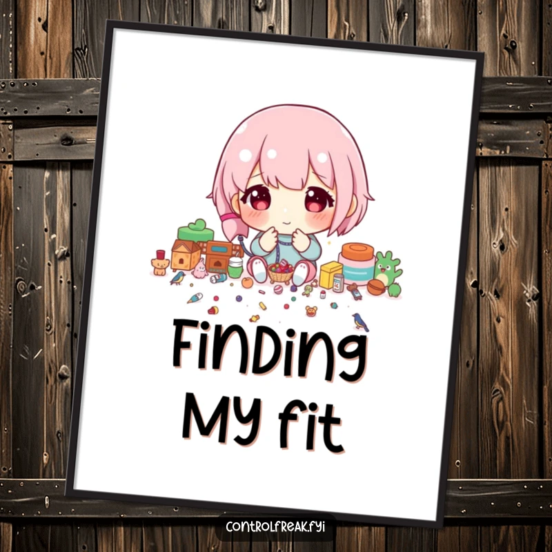 Funny Poster print of a character meticulously sorting tiny items by their exact size, a humorous take on order and detail.