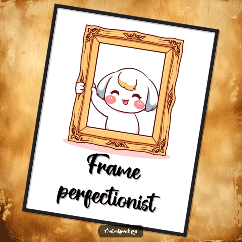 Funny poster of a kawaii character smiling while meticulously straightening a crooked picture frame, celebrating tidy decor.