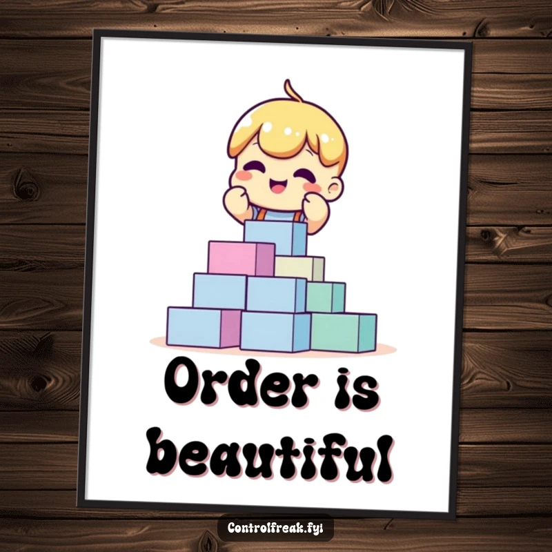 Funny poster of an excited character perfectly stacking blocks, showcasing a passion for order and creating a visually pleasing art piece.