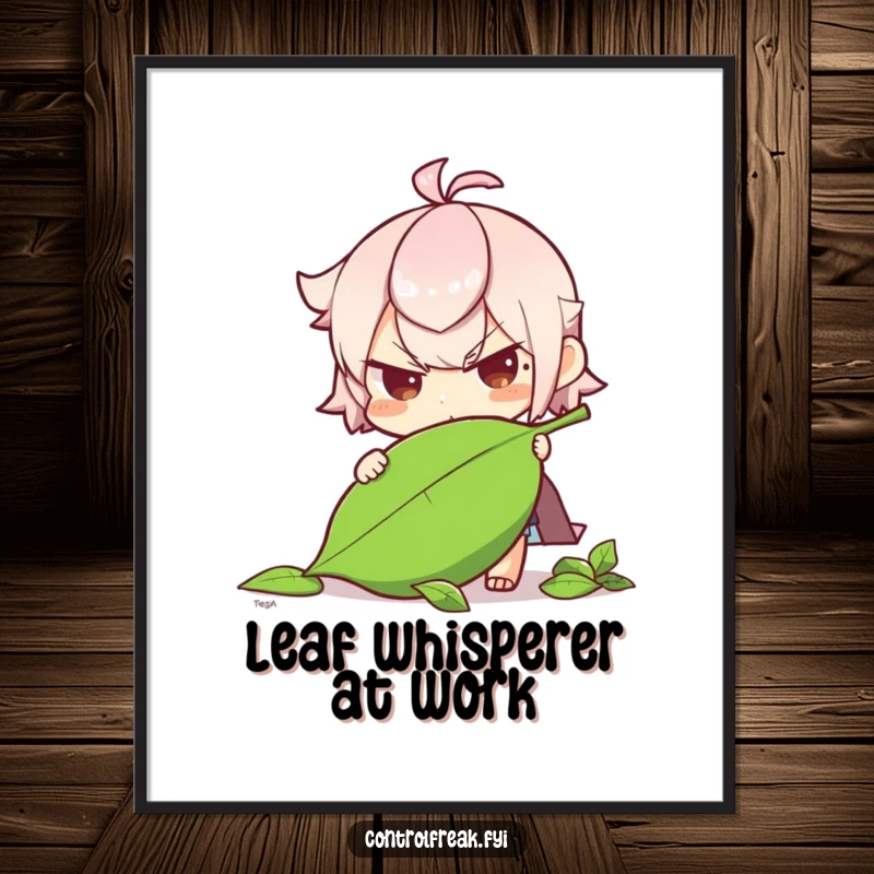 Funny character determinedly straightening a fallen leaf on this poster, a heartwarming and humorous display.