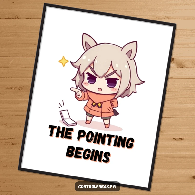 Funny poster art of a character dramatically pointing with exaggerated importance at a misplaced item, creating a humorous focal point.