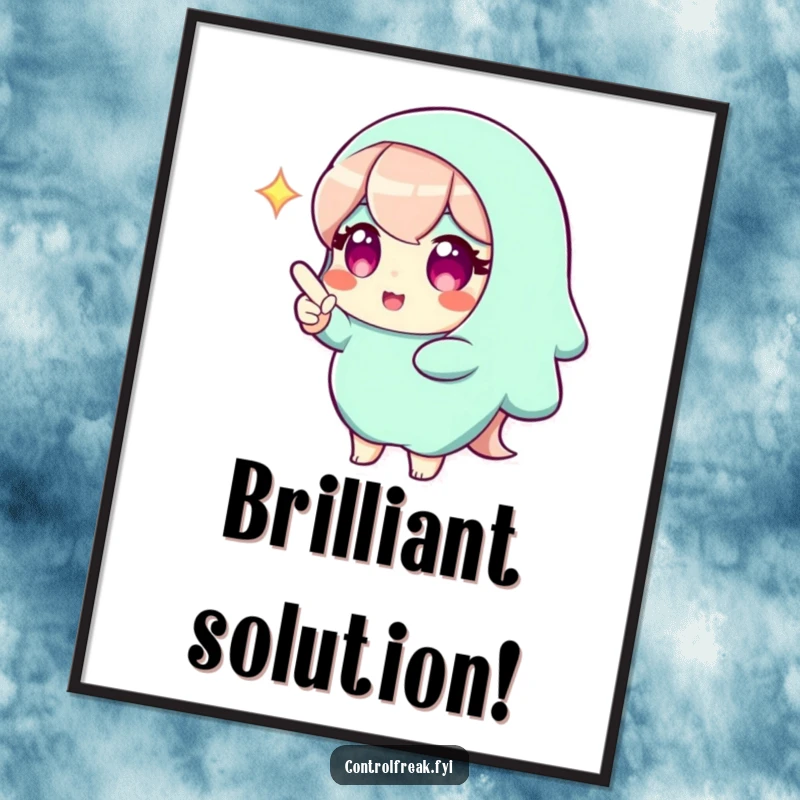Funny poster depicting a character radiating a bright gleam, pointing decisively to an implied perfect solution. A symbol of intelligence and inspiration.
