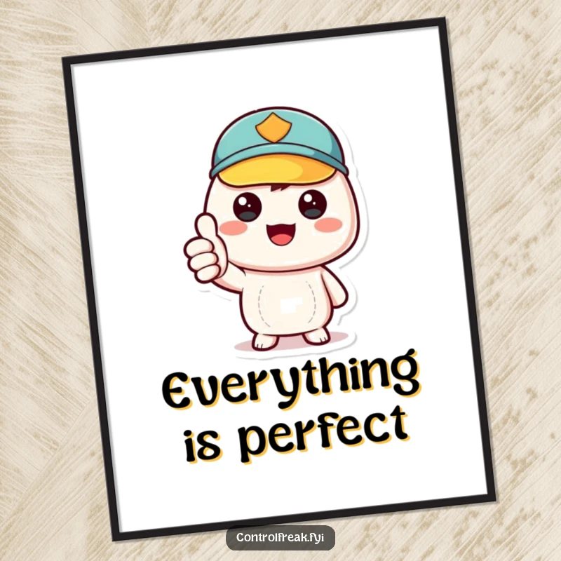 Funny kawaii character giving a thumbs-up gesture, celebrating impeccable order, humorous wall art, ideal funny gift for home.