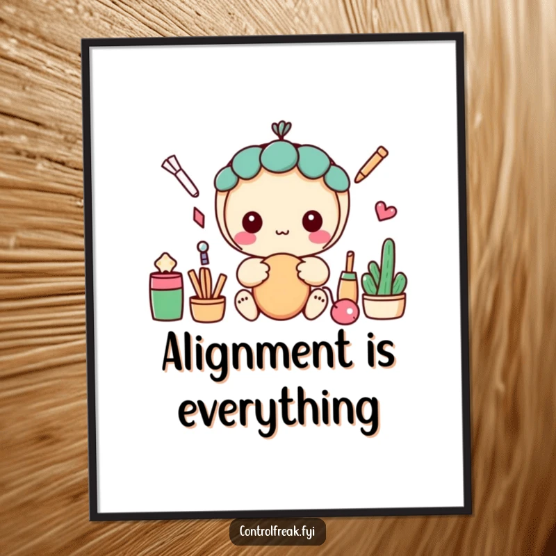 Funny poster featuring a kawaii character concentrating on arranging items into a perfectly straight line, exuding neatness and charm.