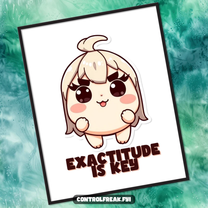 Funny Kawaii character poster, looking sternly with raised eyebrows, ensuring absolute precision in its task.