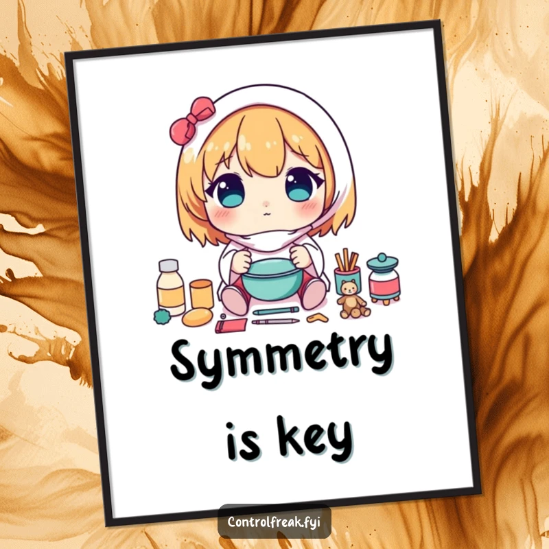 Funny poster of a kawaii character carefully arranging items in a perfectly symmetrical pattern, celebrating tidy decor.