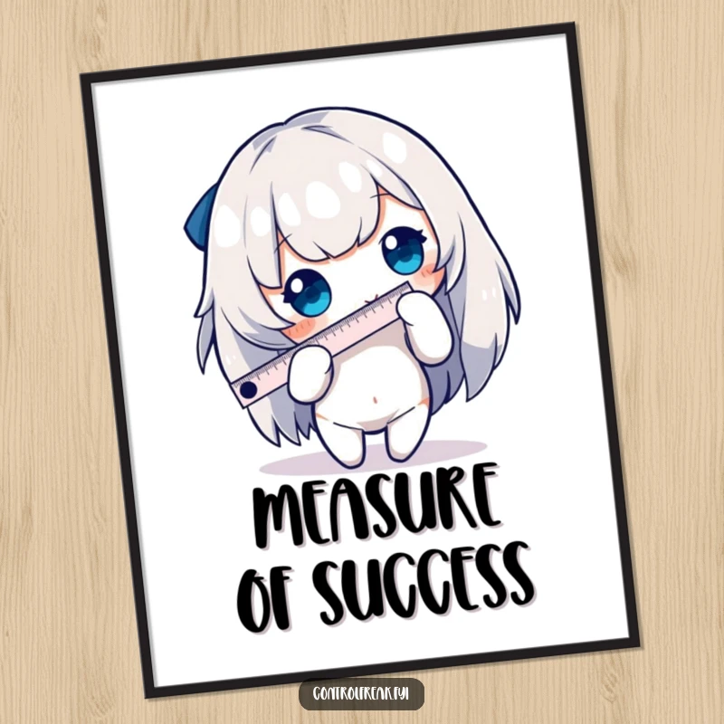 Funny character poster featuring meticulous measurement of an edge with a tiny ruler, a humorous and detailed piece of wall art.