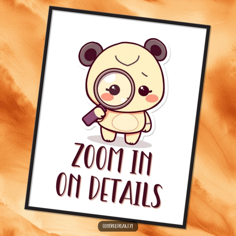 Funny Poster print of a tiny character using a magnifying glass to focus intensely on a single dot, a humorous take on scrutiny.